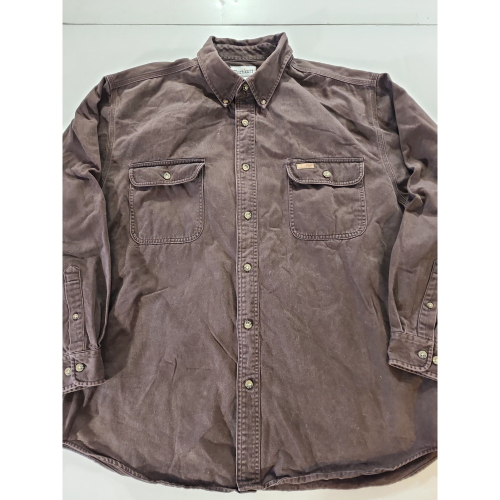 Vintage Carhartt Button Shirt Mens XL Brown Canvas Workwear Heavy Duty Pockets